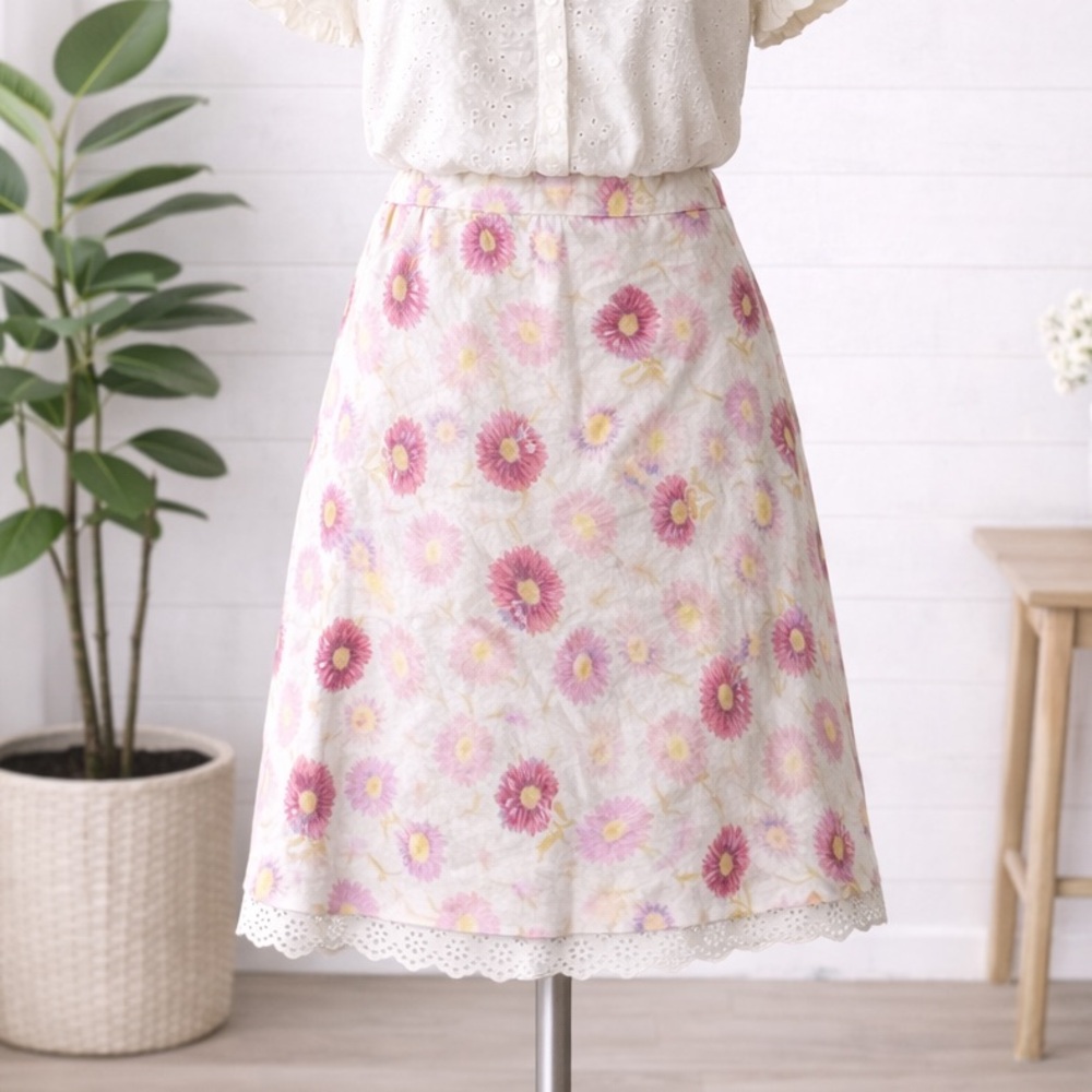 Floral Lace Linen Skirt S